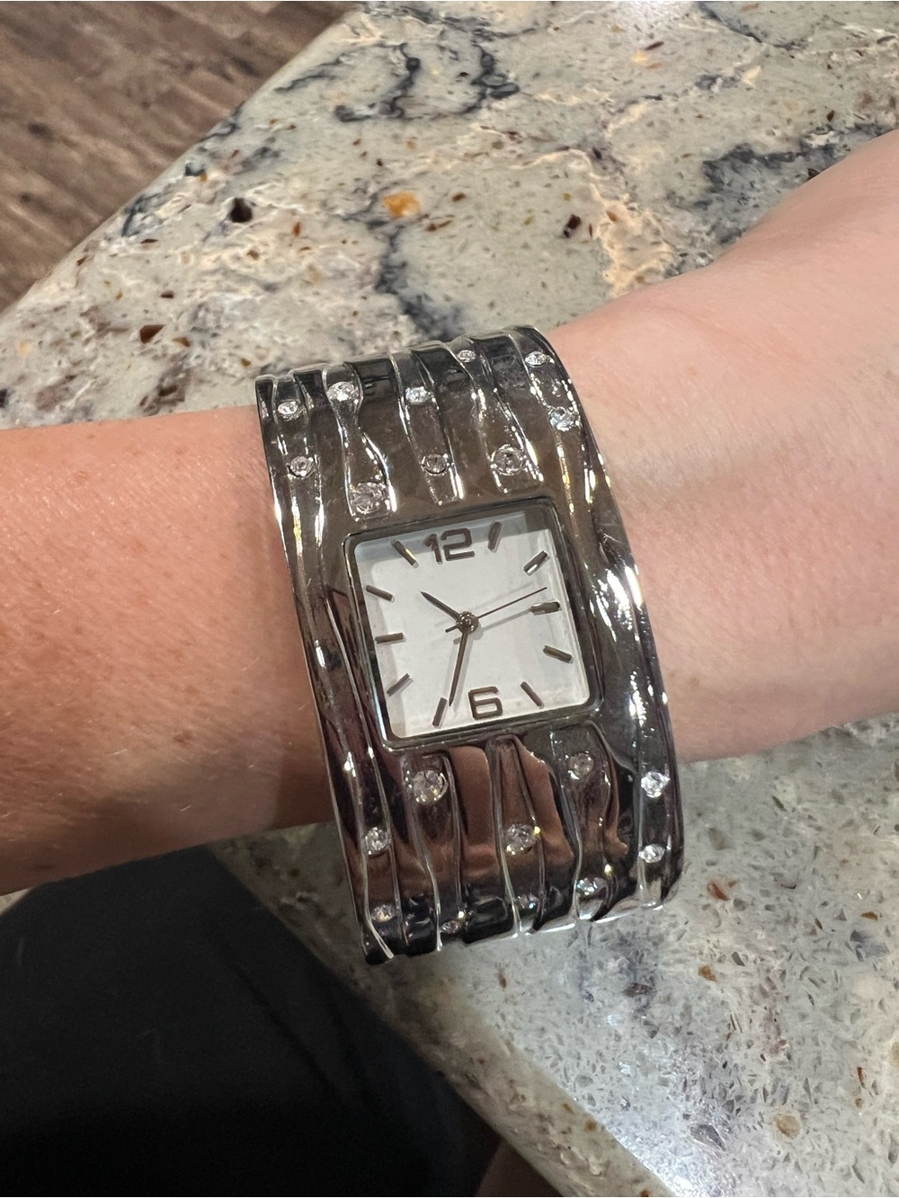Vintage Y2K Silver-Tone Crystal Accent Cuff Watch - Women Jewelry